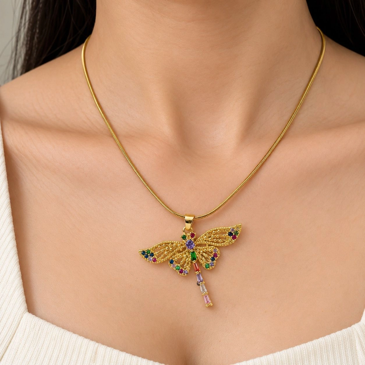 MULTI COLOUR STONE EMBEDDED DRAGONFLY PENDANT NECKLACE 1