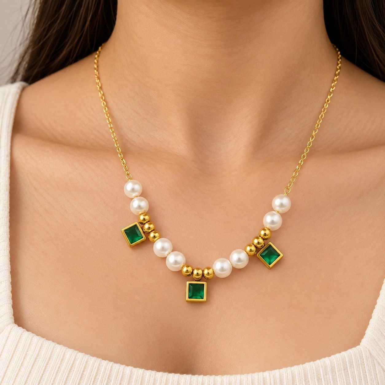 WHITE PEARLS WITH SQUARE GREEN CRYSTAL CHARM NECKLACE 1