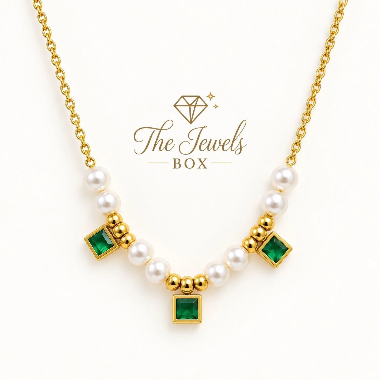 WHITE PEARLS WITH SQUARE GREEN CRYSTAL CHARM NECKLACE 2