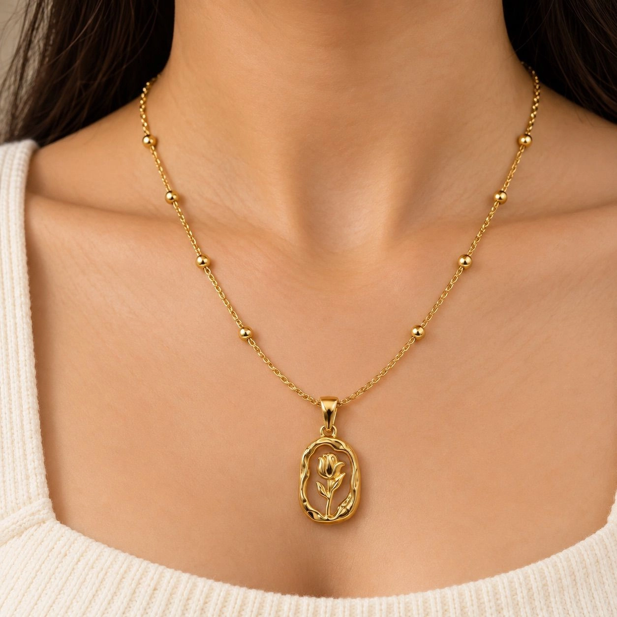 RECTANGLE WITH FLOWER PENDANT NECKLACE 1