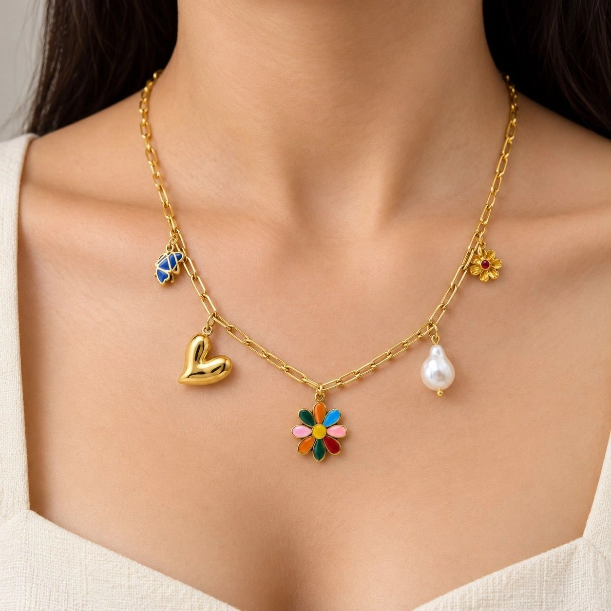 CHAIN NECKLACE WITH COLOURFUL ENAMEL & PEARL CHARM 1