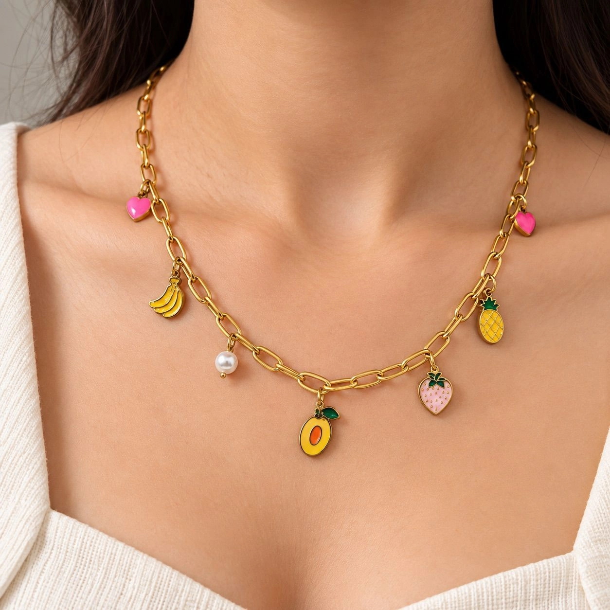 CHAIN NECKLACE WITH COLOURFUL ENAMEL FRUITS & PEARL CHARM 1