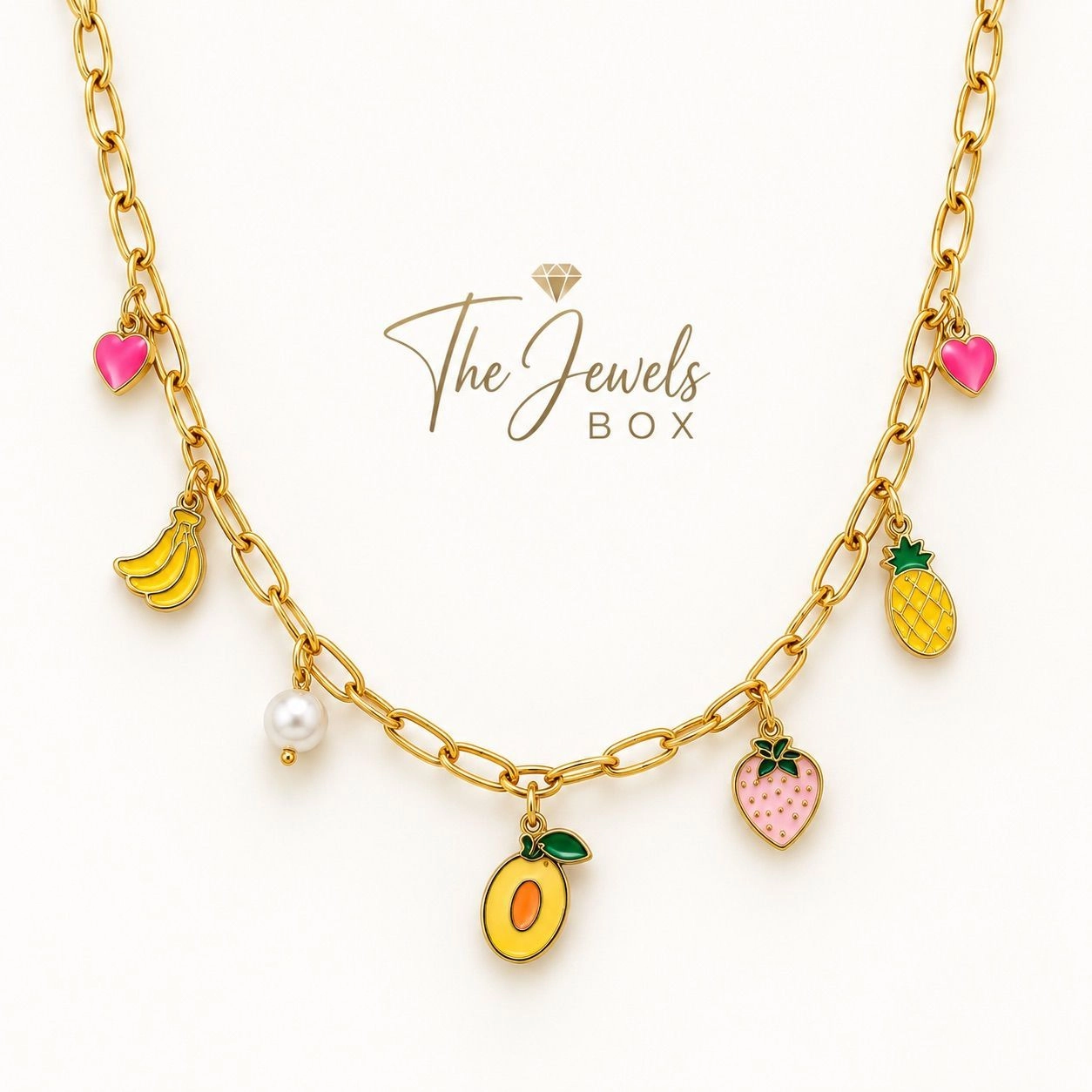 CHAIN NECKLACE WITH COLOURFUL ENAMEL FRUITS & PEARL CHARM 2