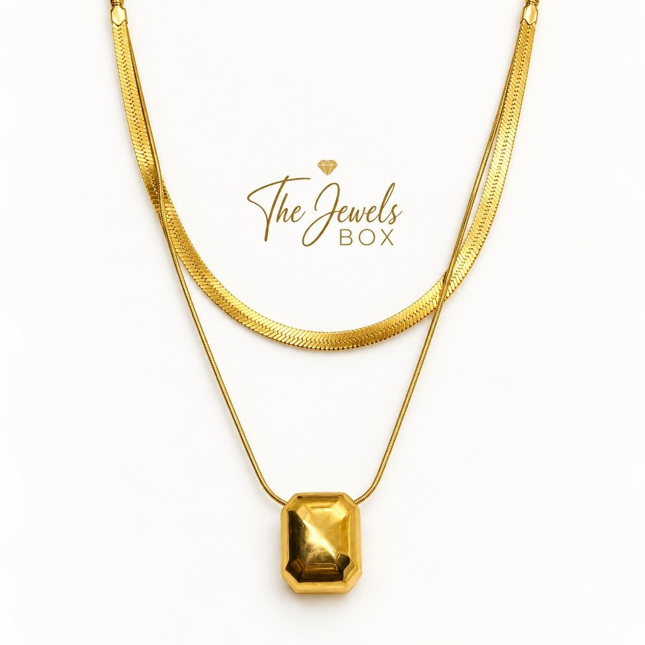 LAYERED NECKLACE WITH HERRINGBONE CHAIN & PENDANT CHAIN WITH GEOMETRIC STONE CHARM 2
