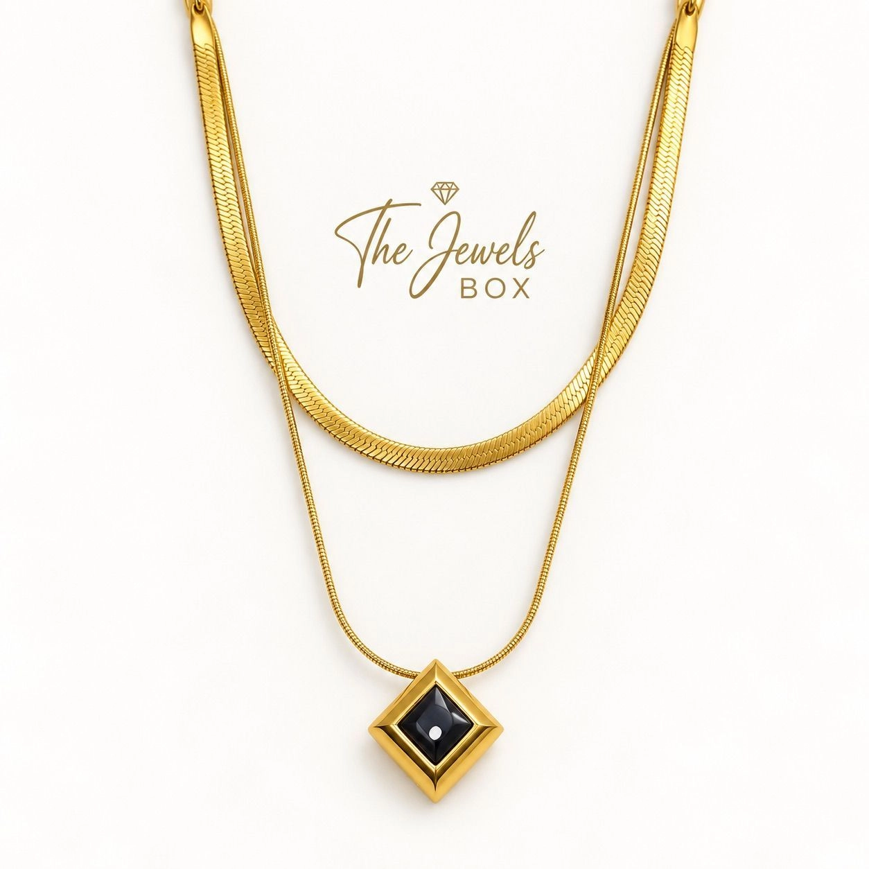 LAYERED NECKLACE WITH HERRINGBONE CHAIN & PENDANT CHAIN WITH GEOMETRIC STONE CHARM 2