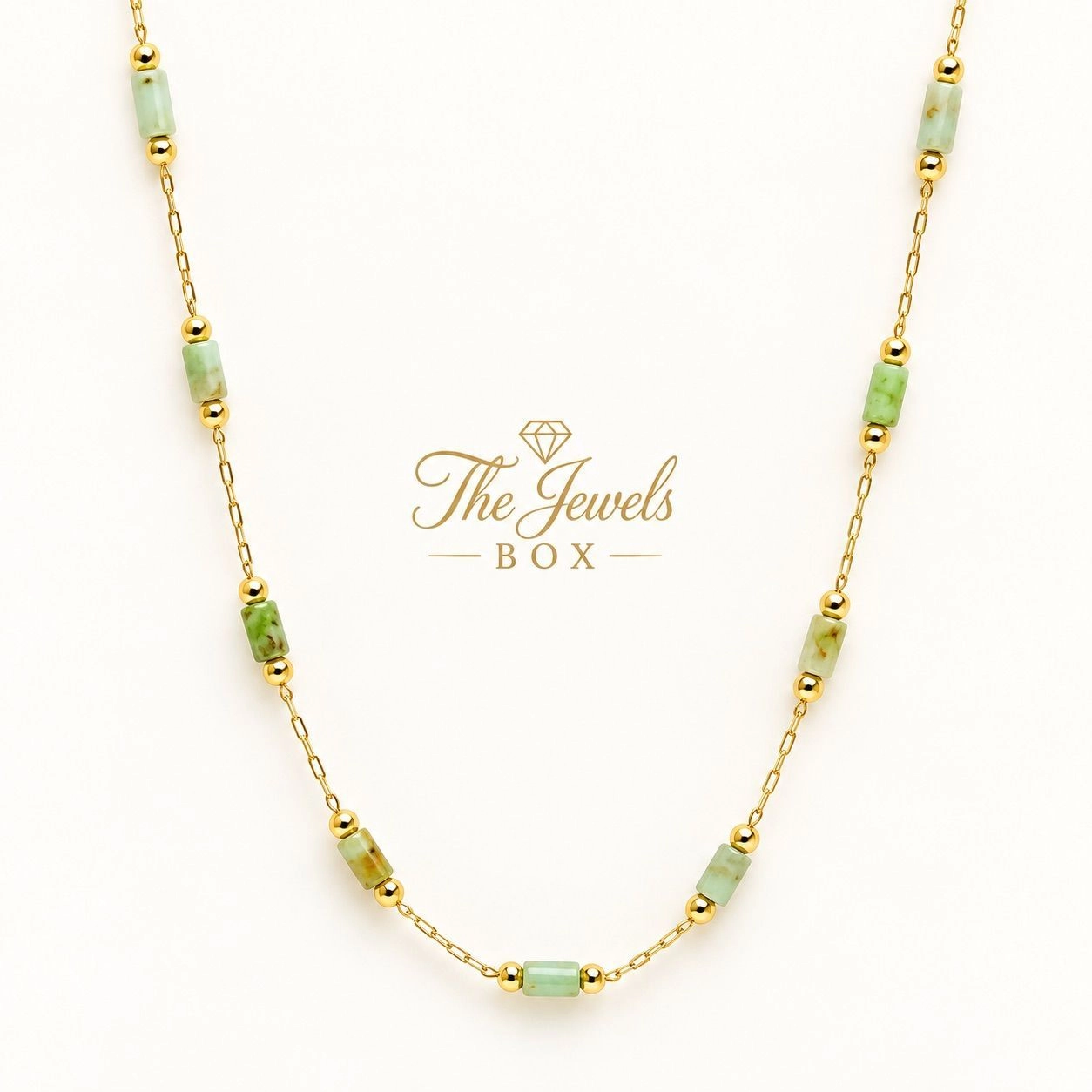 CHAIN NECKLACE WITH GREEN CYLINDRICAL GEMSTONE BEADS 2