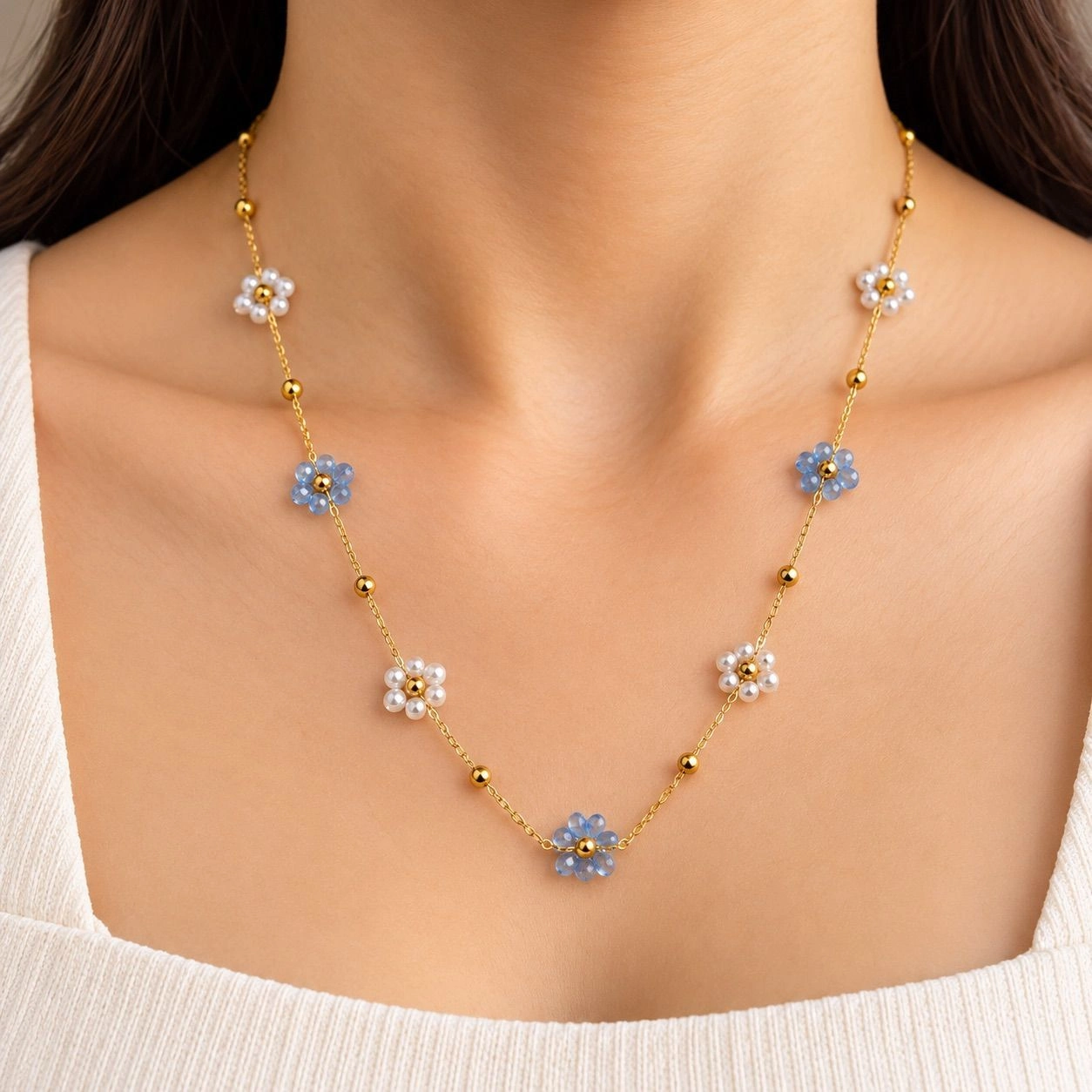 LIGHT BLUE & WHITE BLOSSOM NECK CHAIN 1