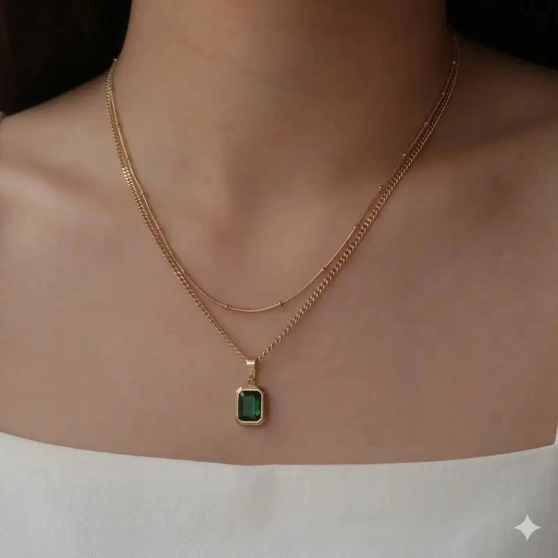 Double layer Chain with Green Pendant
