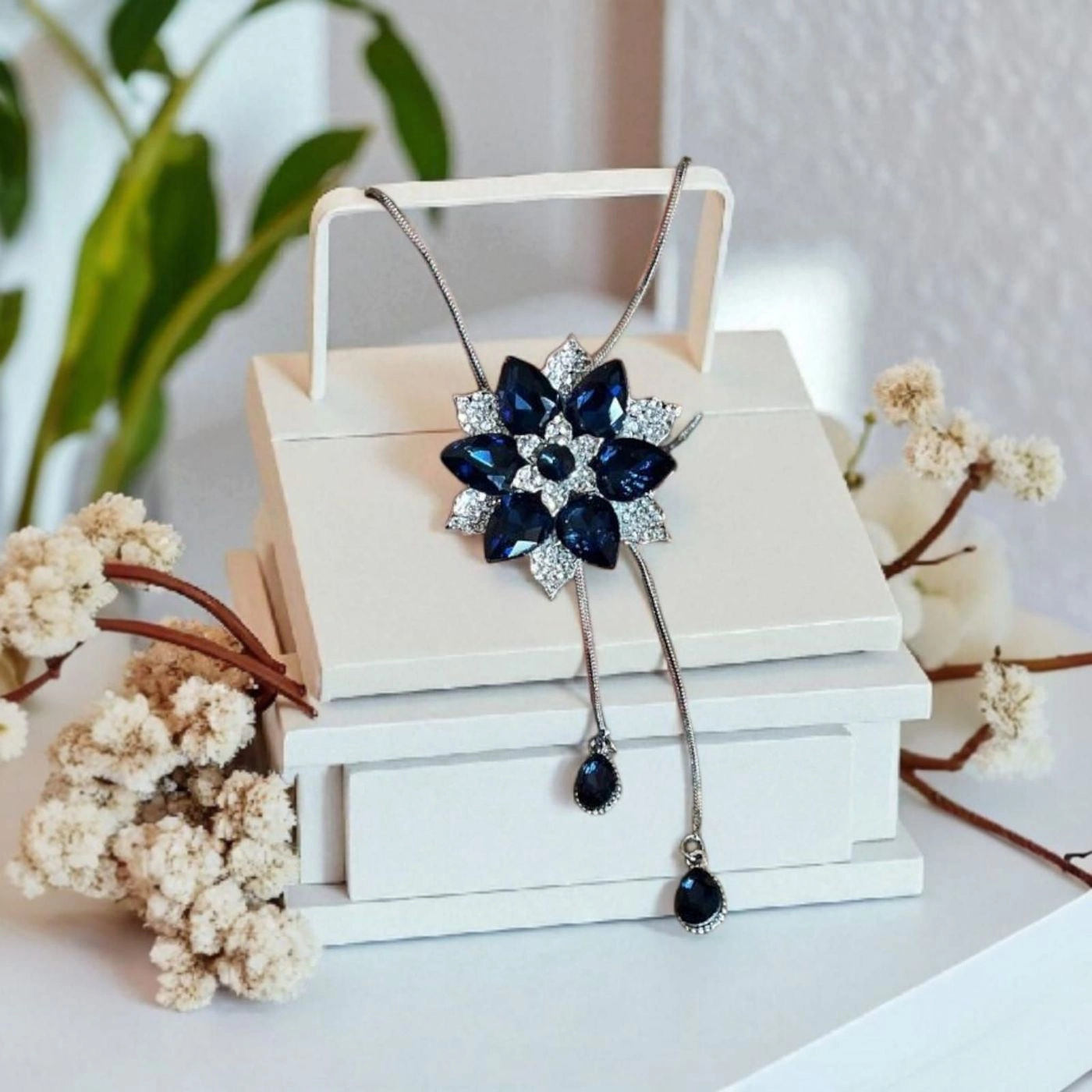 Crystal Flower Long Chain Pendant Silver Plated Pendant
