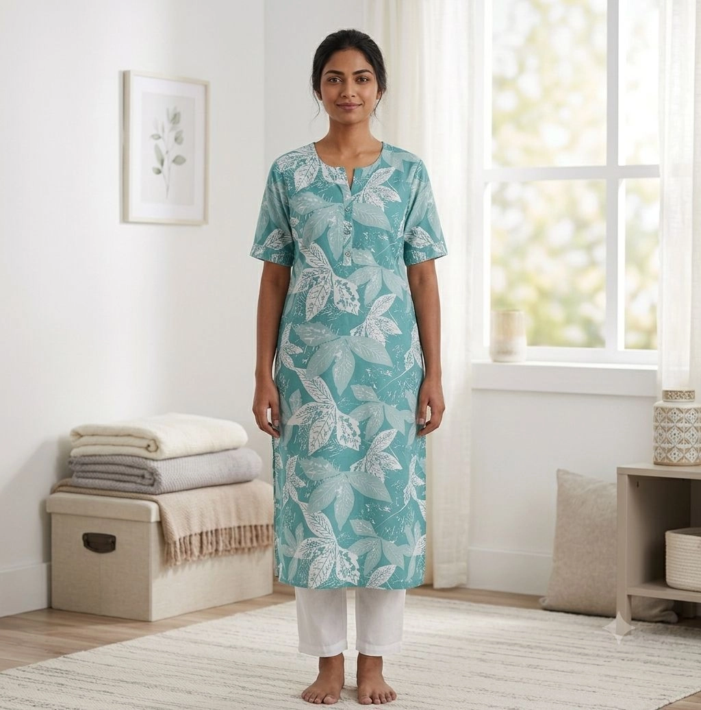 Premium Floral Leaf Print Cotton Kurta