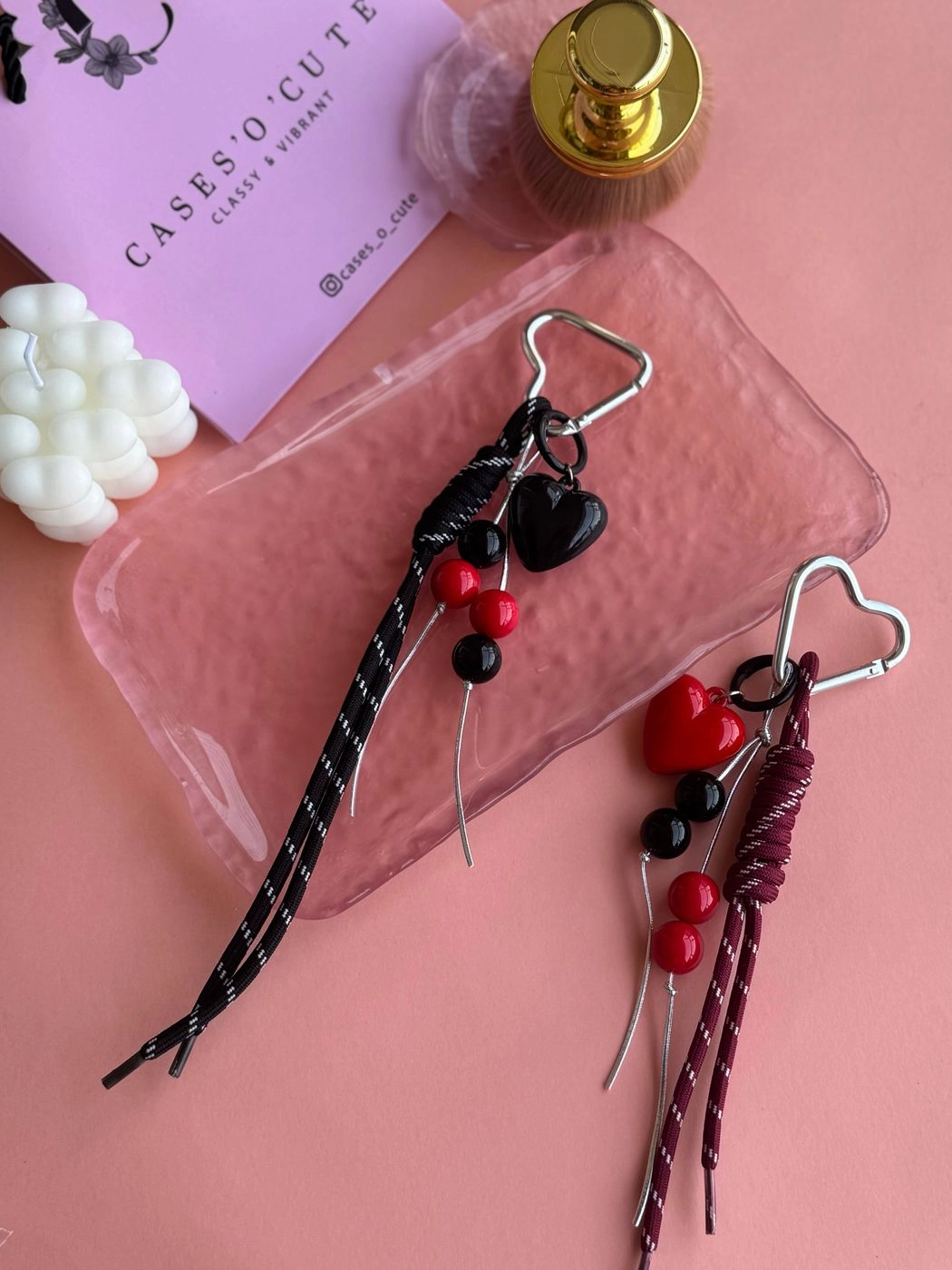 Black and red heart bag charm
