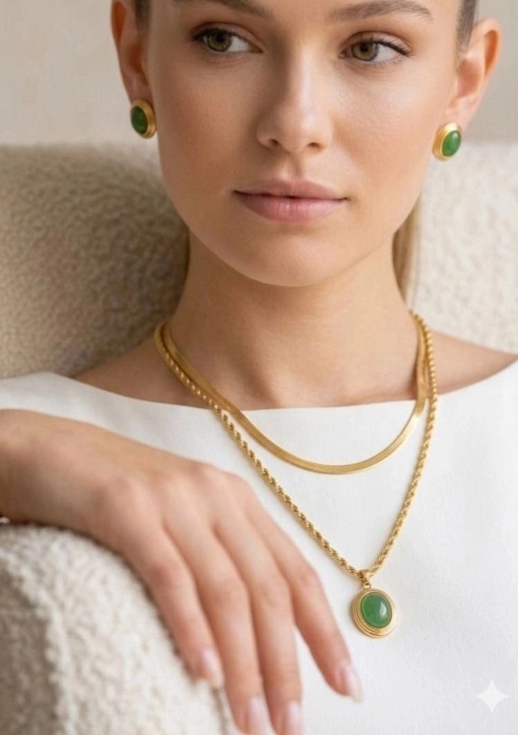 Jade Lagoon double layered necklace set with earrings