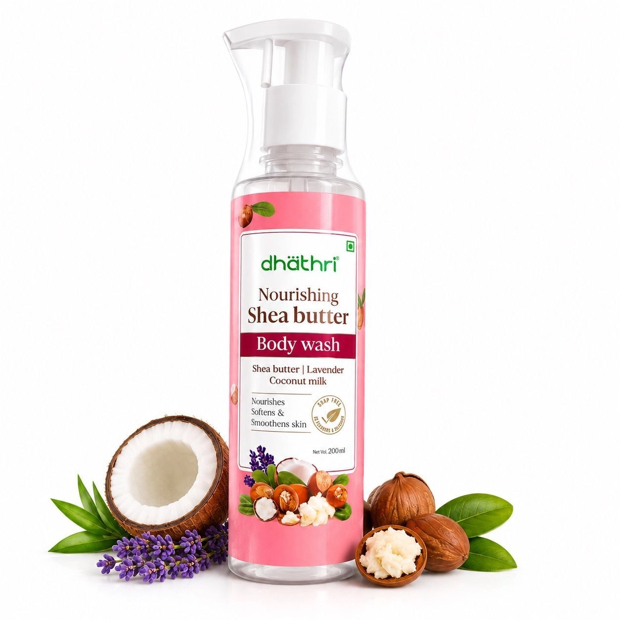 Dhathri Nourishing Shea Butter Body Wash 200ml | With Shea Butter, Lavender & Coconut Milk | Deep Moisturizing & Softening Body Cleanser | Soap Free | Paraben & Silicone Free