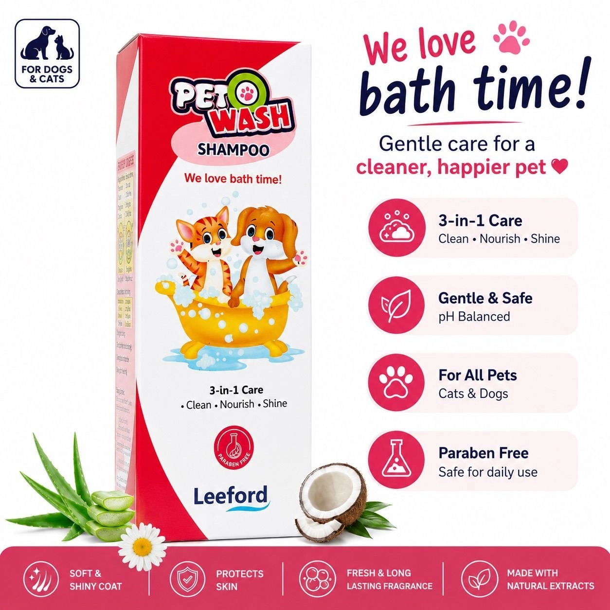 Pet Wash Shampoo for Dogs & Cats | 3-in-1 Pet Shampoo | Cleans, Nourishes & Shines | Paraben-Free | Gentle Pet Grooming Shampoo 2