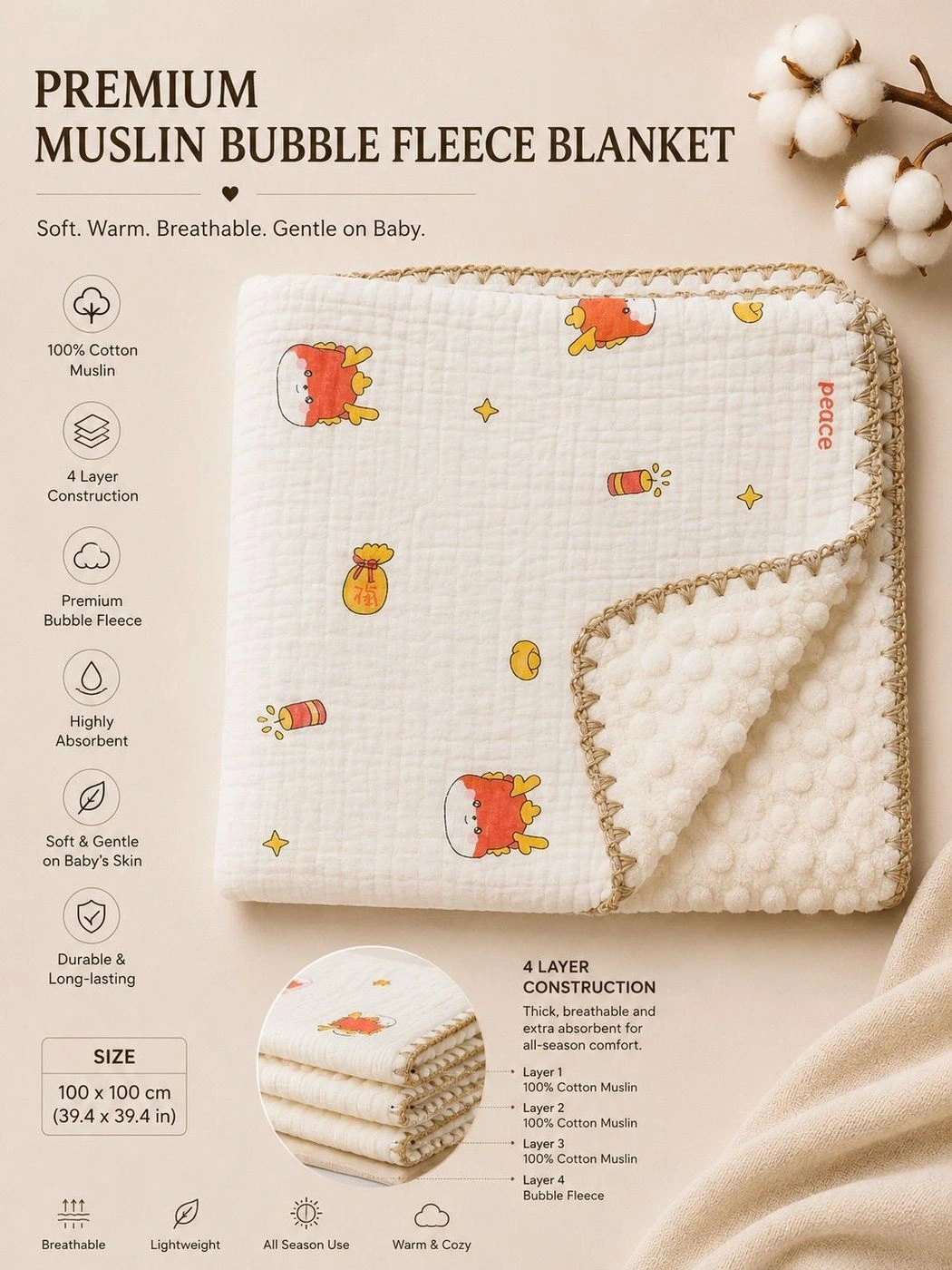 Premium Muslin Bubble Fleece Blanket Orange