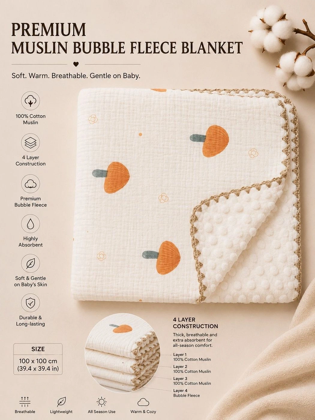 Premium Muslin Bubble Fleece Blanket Orange