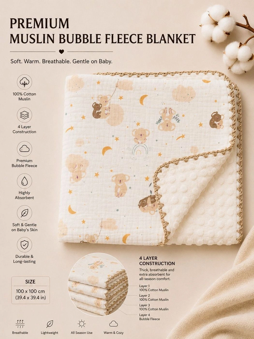 Premium Muslin Bubble Fleece Blanket Orange