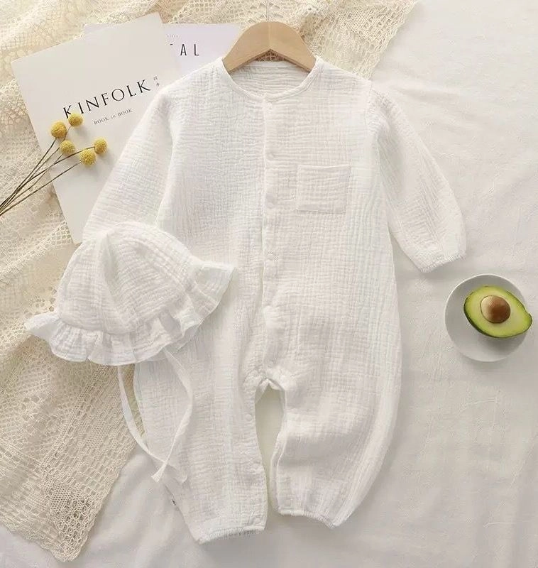 Muslin Full Romper with Bonnet- white
