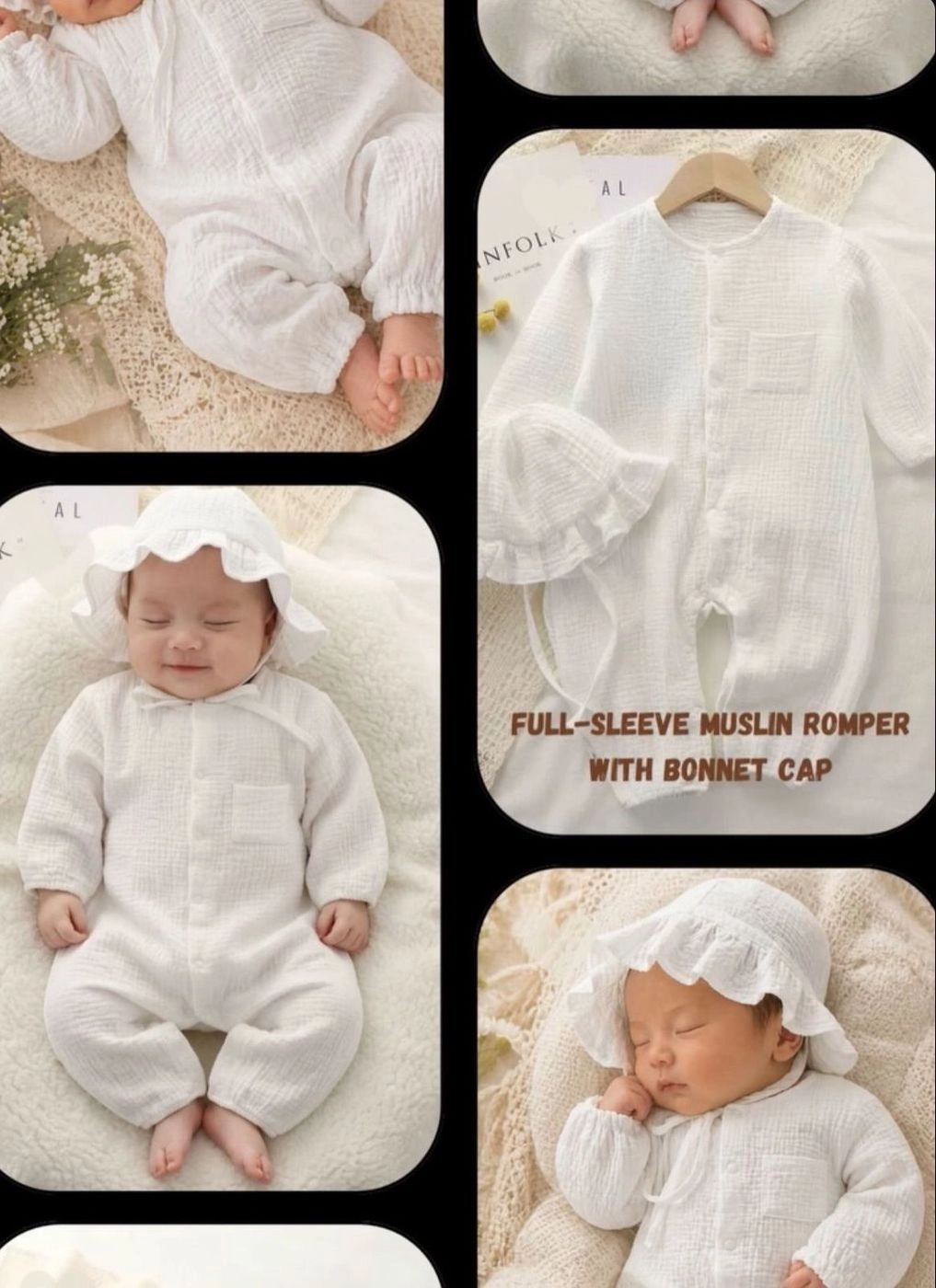 Muslin Full Romper with Bonnet- white