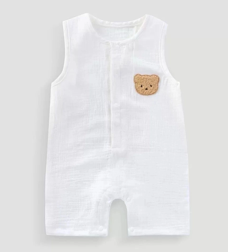 Sleeveless Muslin Romper with Teddy Patch