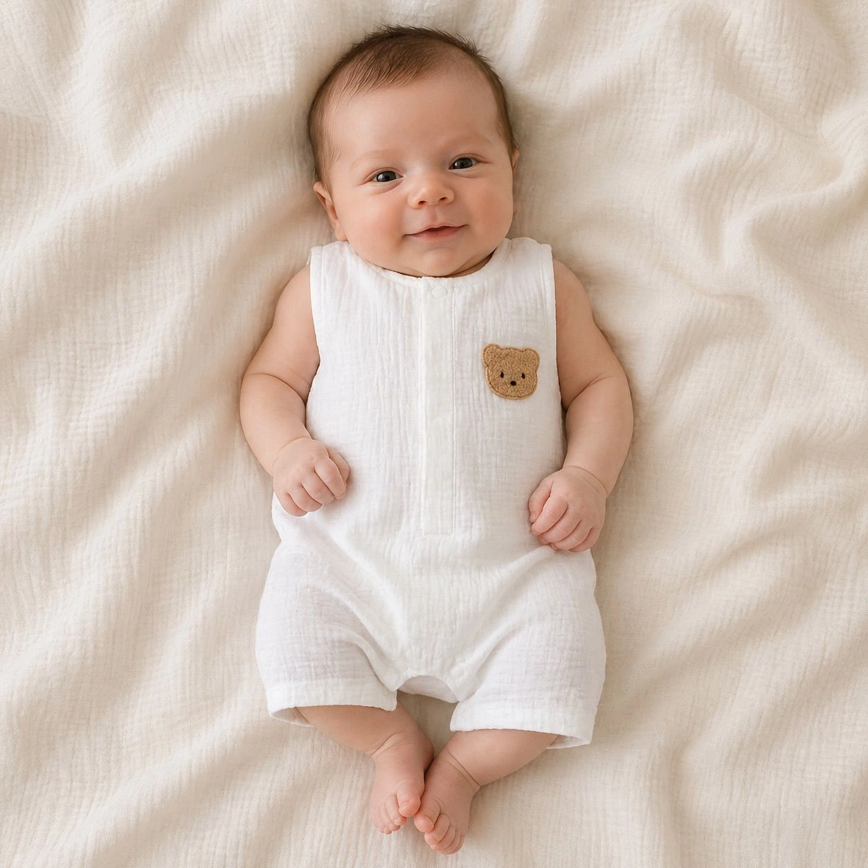Sleeveless Muslin Romper with Teddy Patch