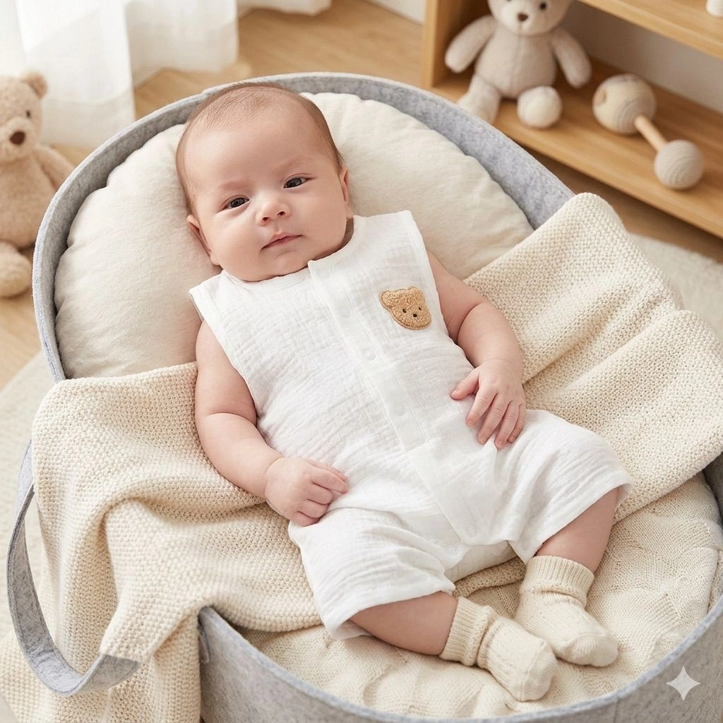 Sleeveless Muslin Romper with Teddy Patch