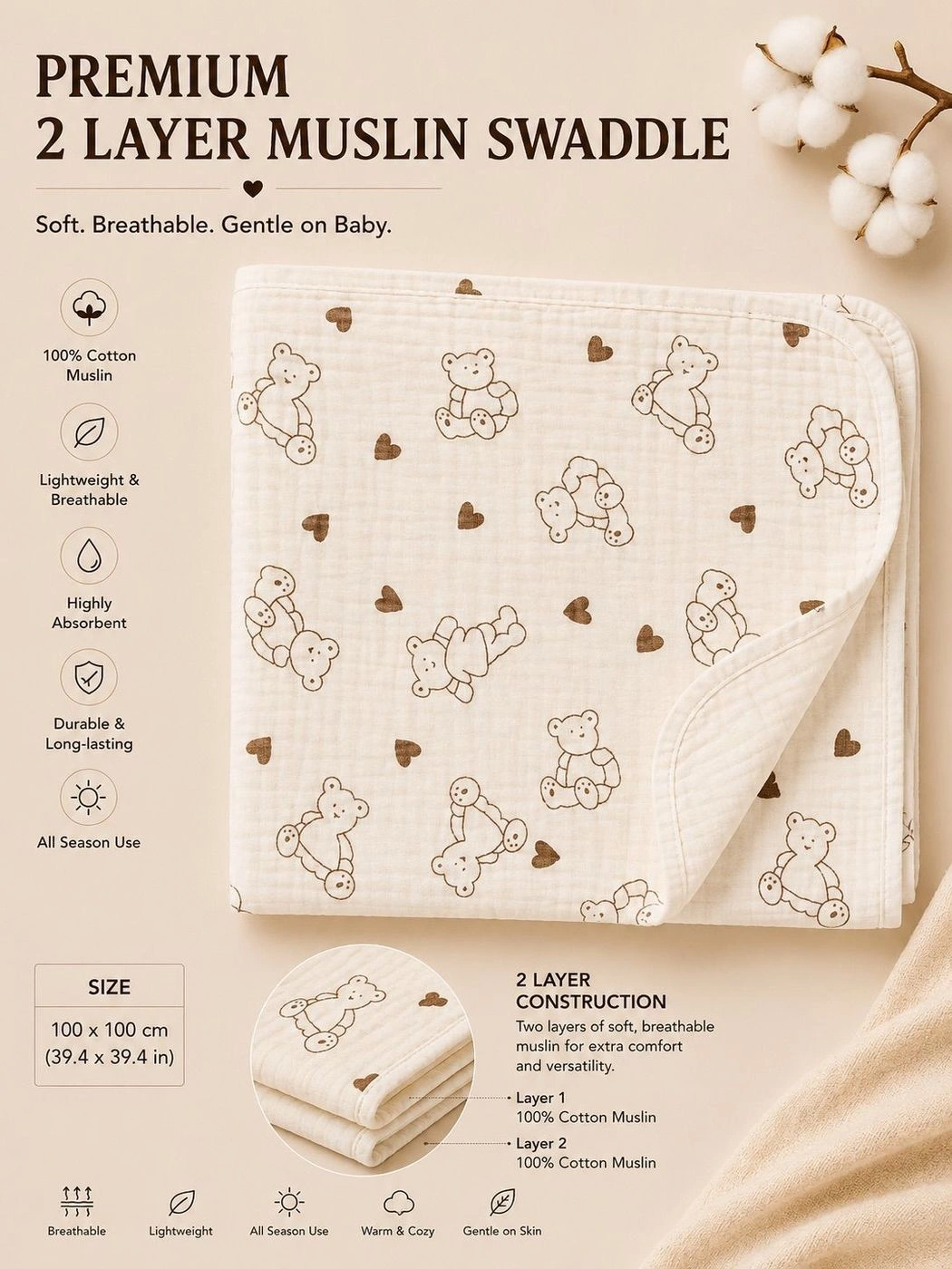 2-Layer Muslin Swaddle - Teddy print
