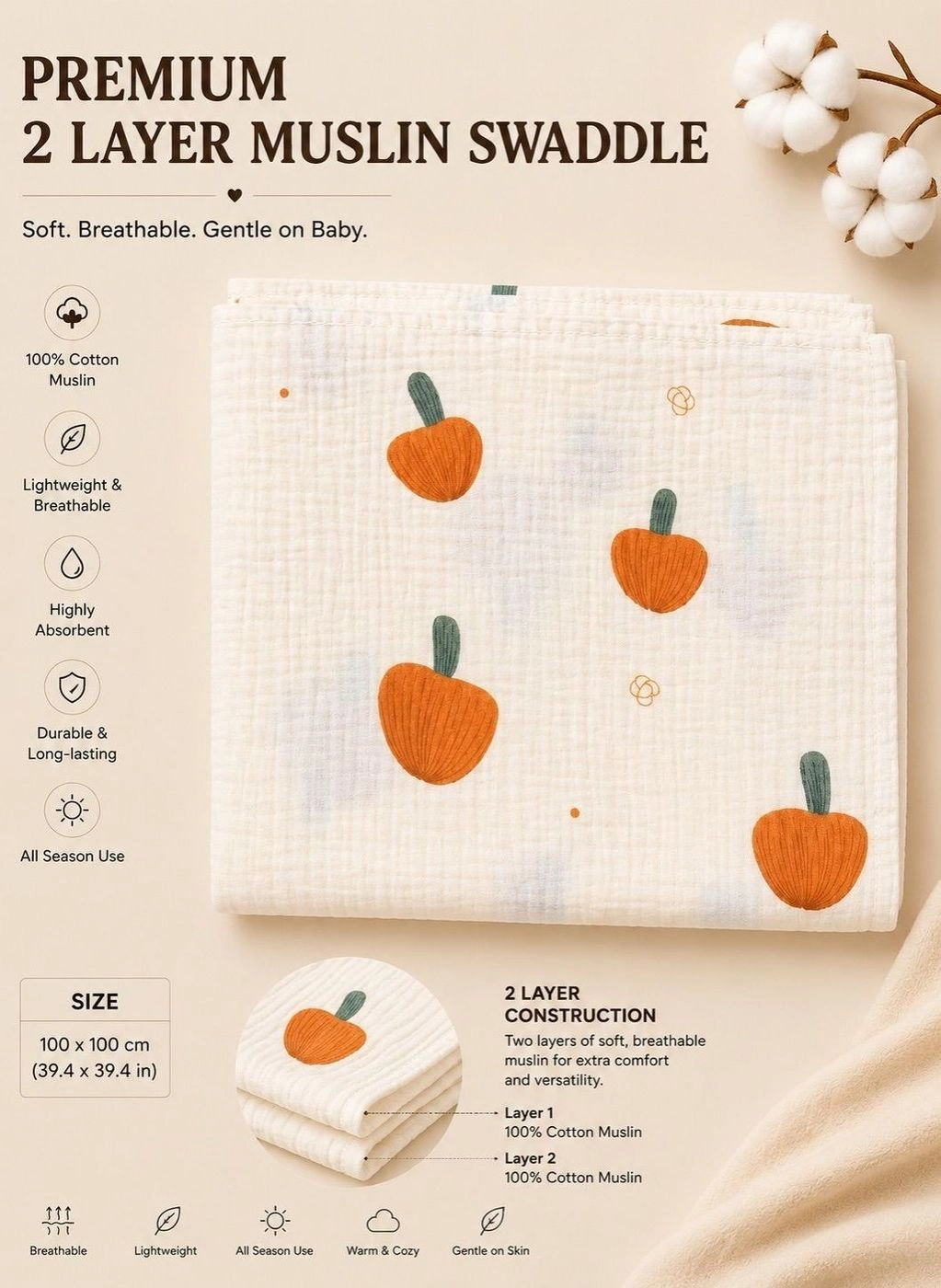 2-Layer Muslin Swaddle- Mushroom Print
