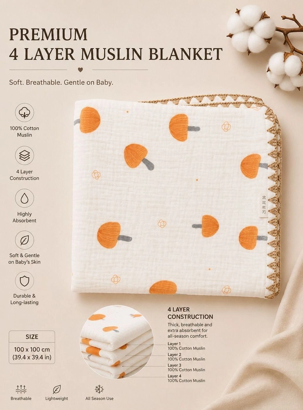 4-Layer Muslin Blanket- Mushroom print