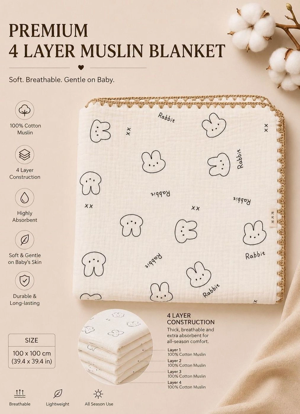 4-Layer Muslin Blanket- Rabbit Print