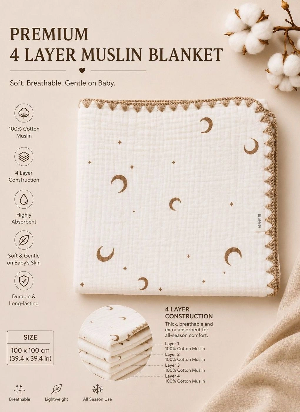 4-Layer Muslin Blanket - Moon Print