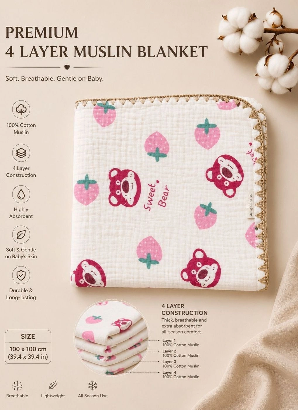 4-Layer Muslin Blanket - Pink Bear