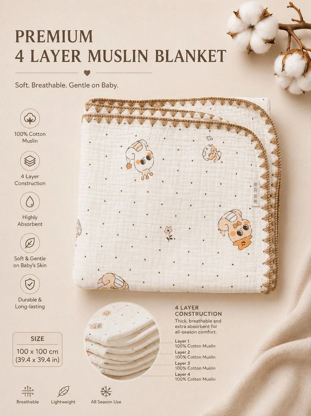 4-Layer Muslin Blanket - Baby dino