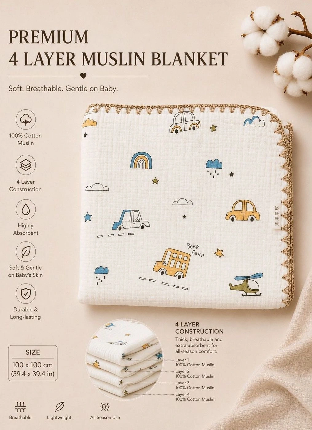4-Layer Muslin Blanket - Cars
