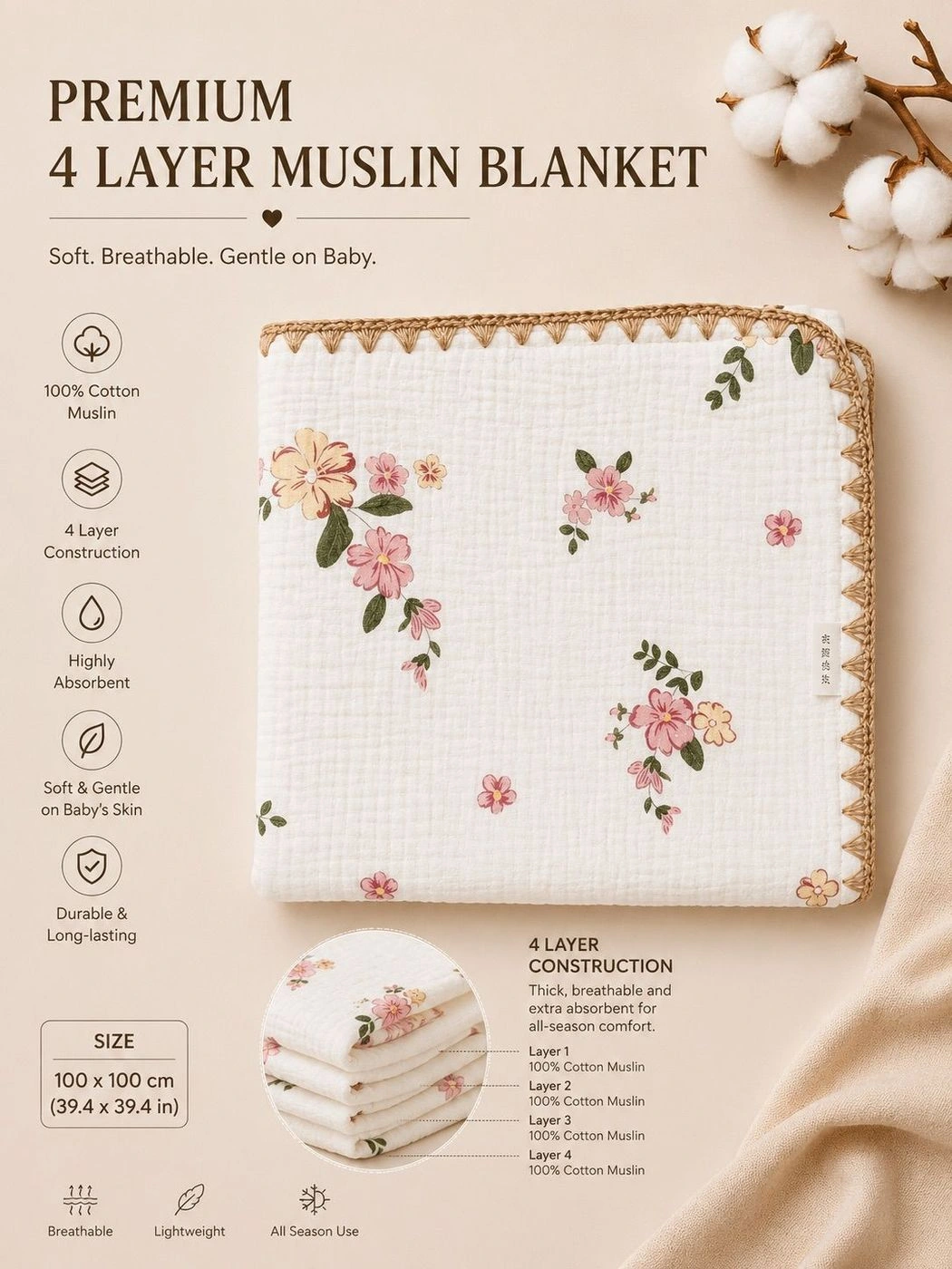 4-Layer Muslin Blanket Pink Flower