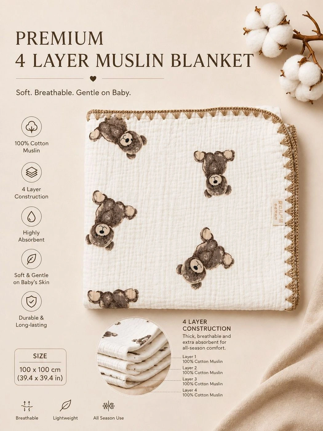 4-Layer Muslin Blanket - Sitting Bear Print