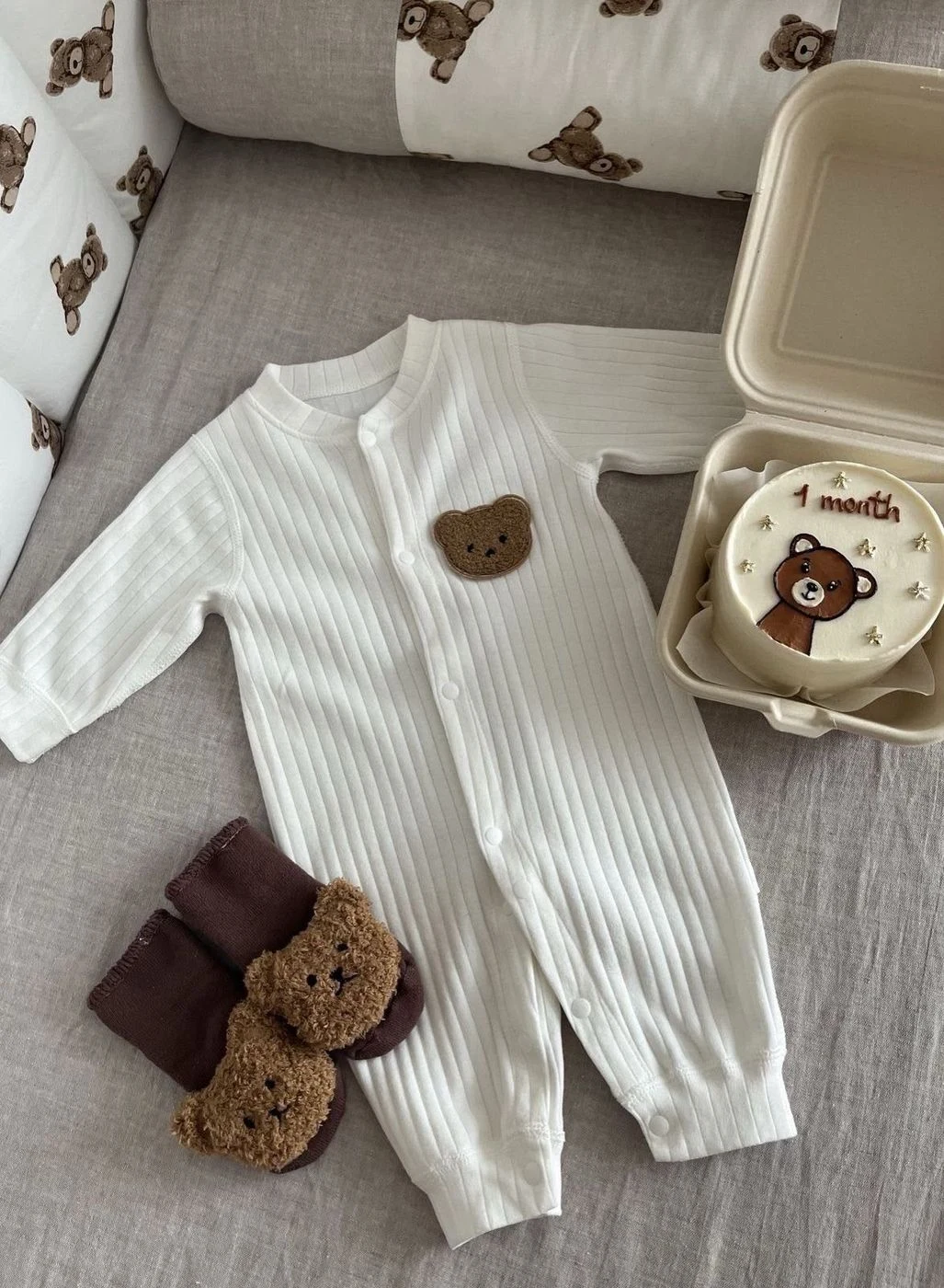 Newborn Ribbed Cotton Romper with Teddy Patch