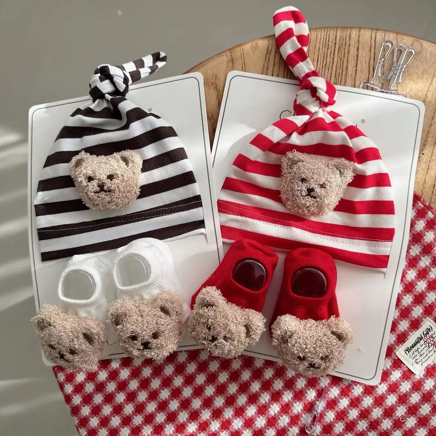 Teddy Bear Knot Cap and Booties Set