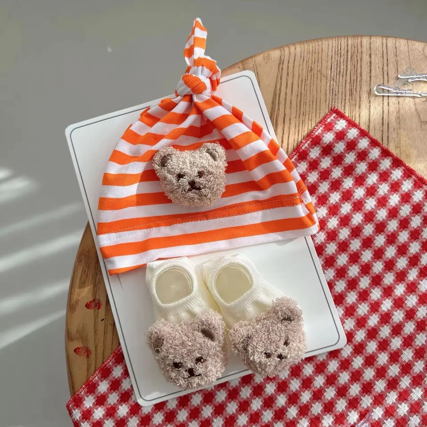Teddy Bear Knot Cap and Booties Set