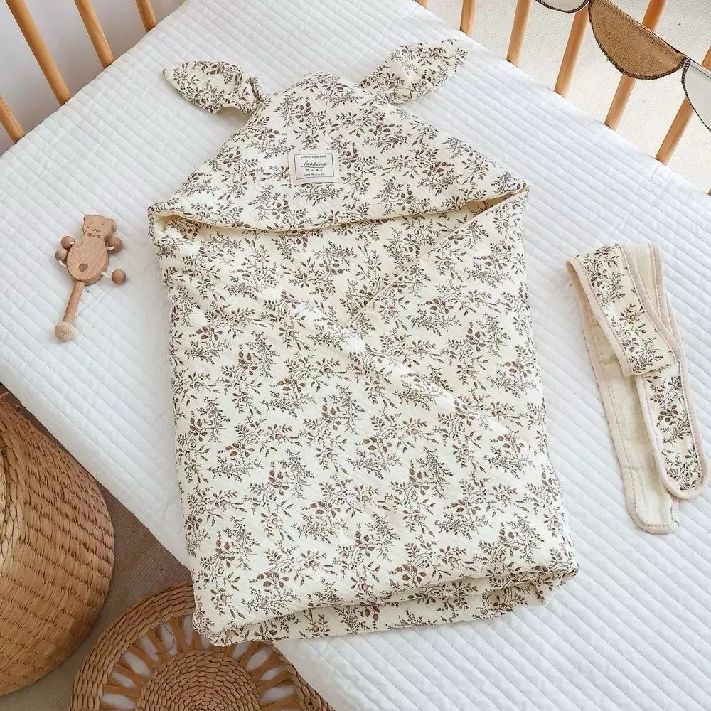 Muslin Hooded Quilted Blanket- Leaf Print 1