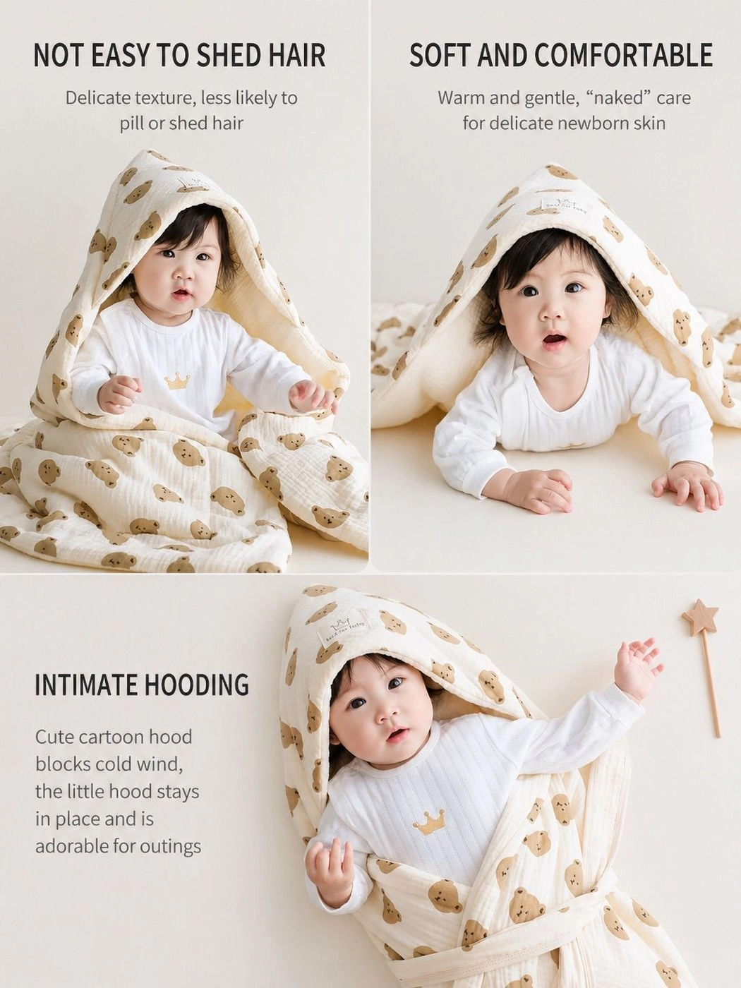 Muslin Hooded Quilted Blanket - Teddy 4