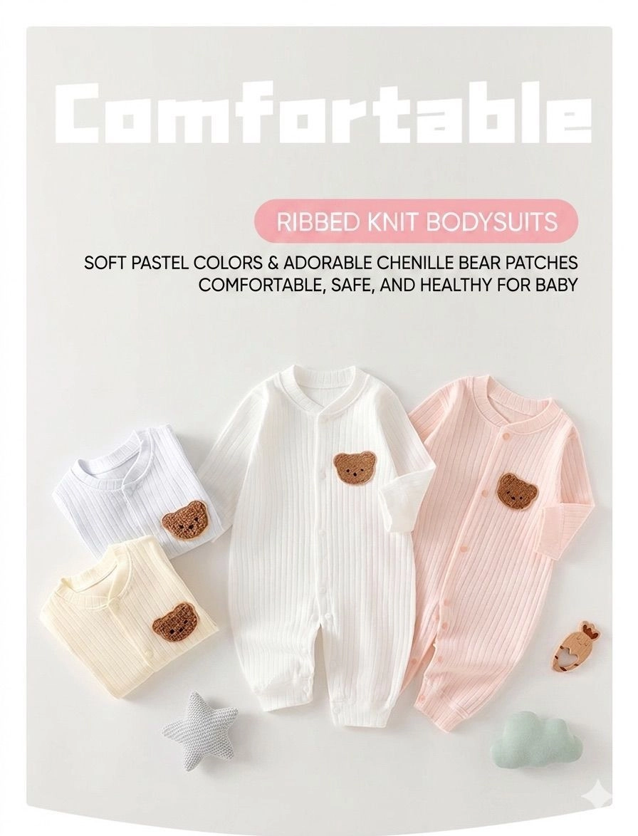 Newborn Ribbed Cotton Romper with Teddy Patch