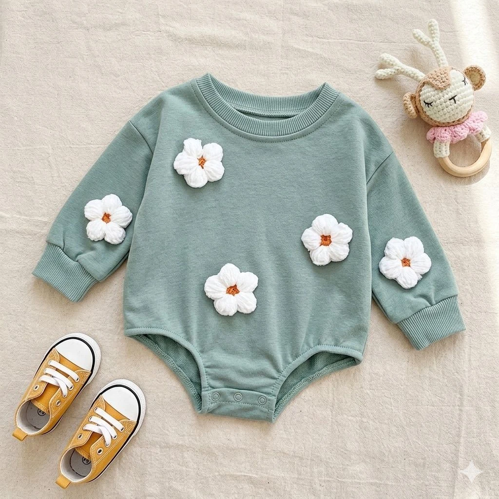 Newborn Baby Flower Applique Long Sleeve Romper