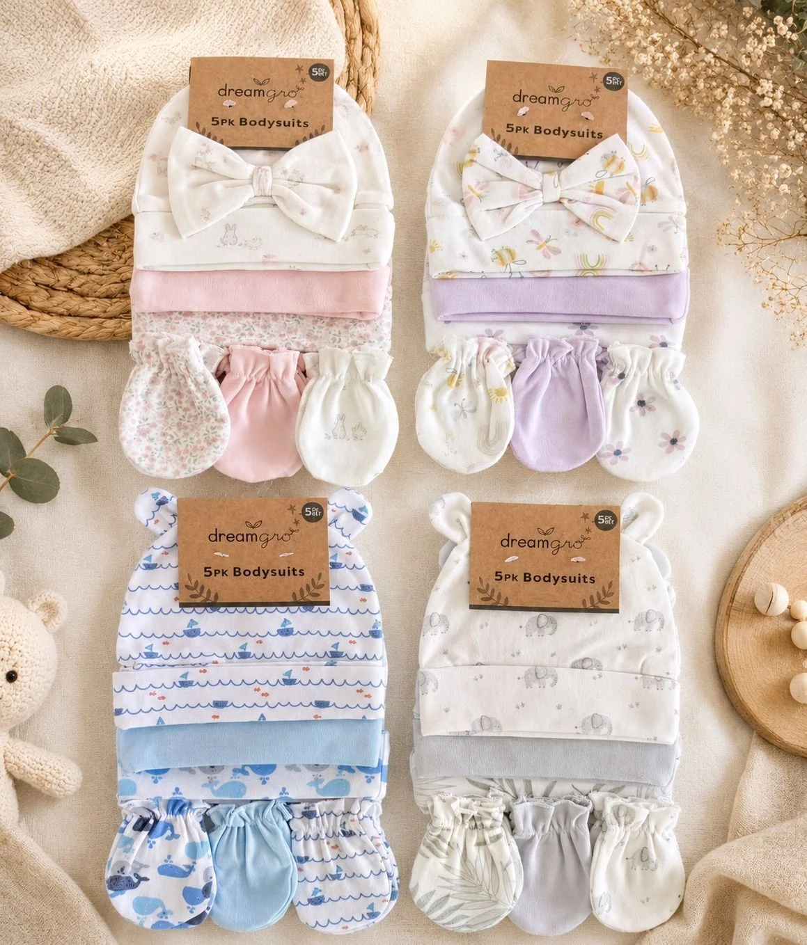 6-piece Newborn Cap & Mitten Set