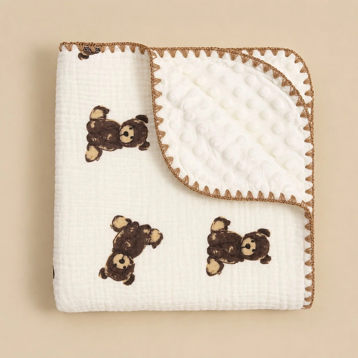 Bubble Fleece Muslin Blanket - Sitting teddy