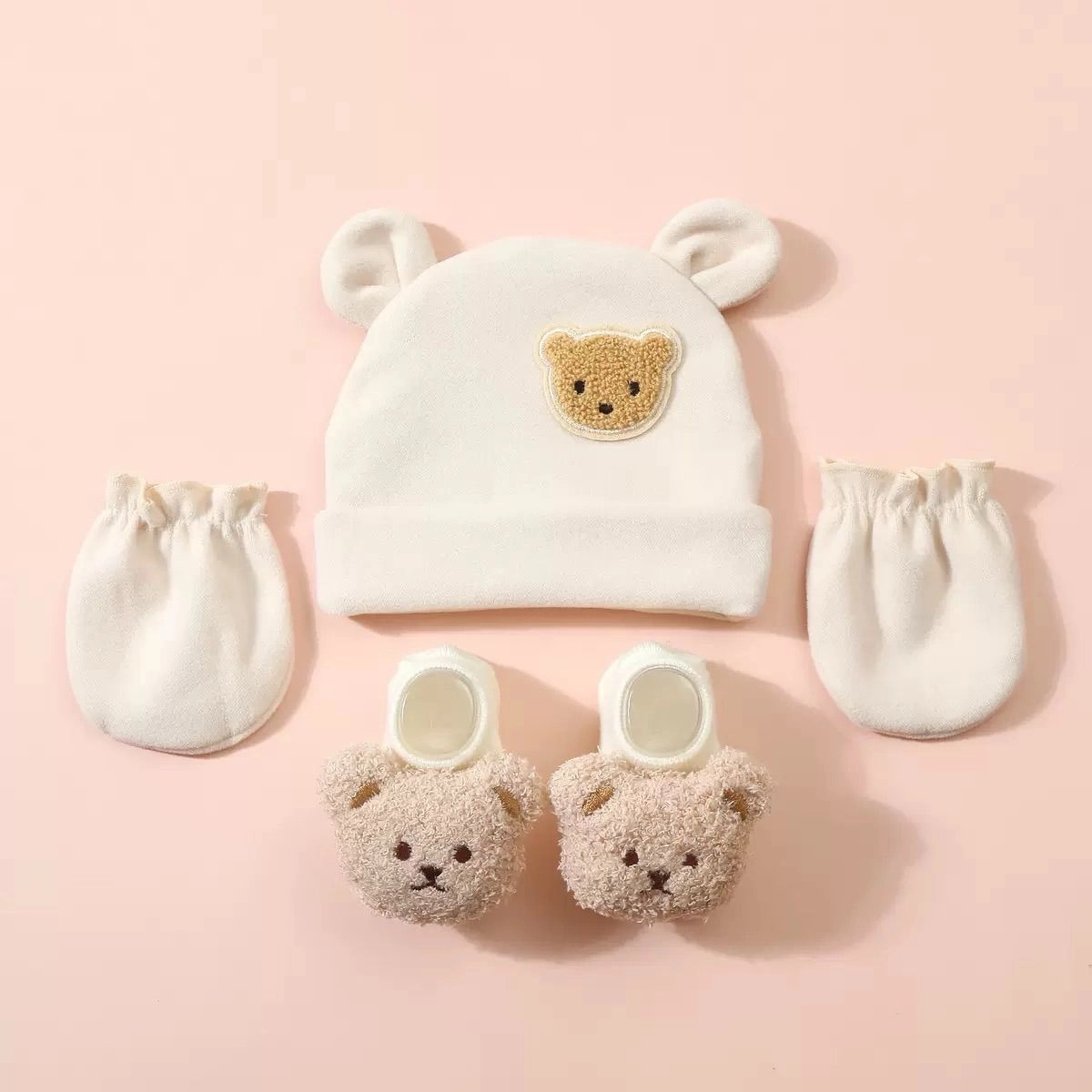 Teddy Patch cap, mitten & booties set 2