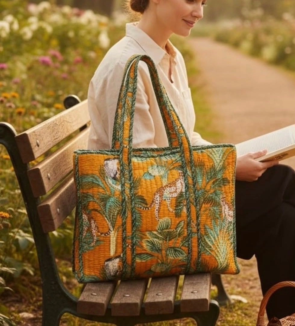 Jaipuri printed cotton tote bags with zip