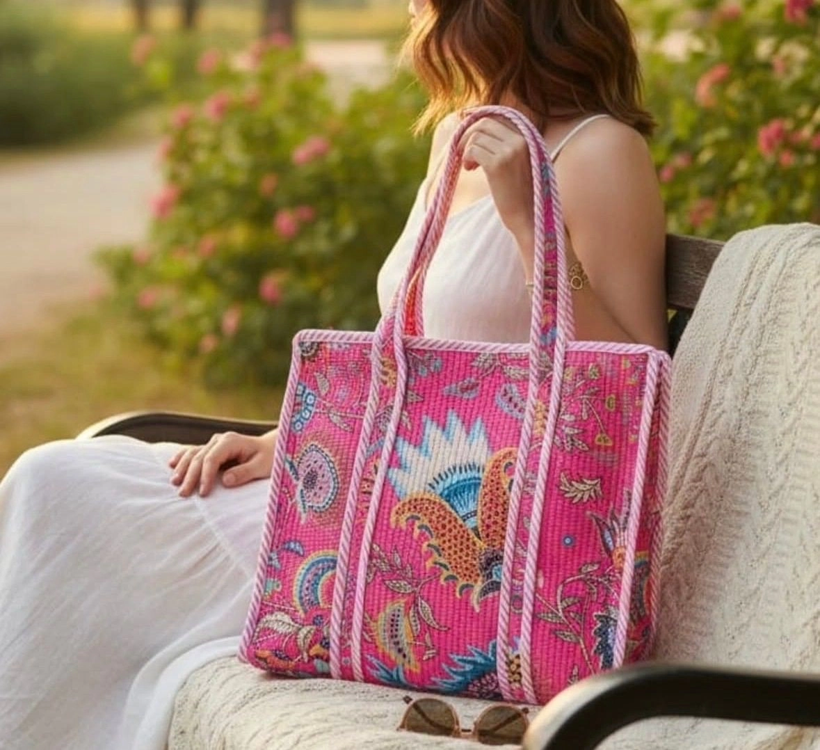 Jaipuri printed cotton tote bags with zip