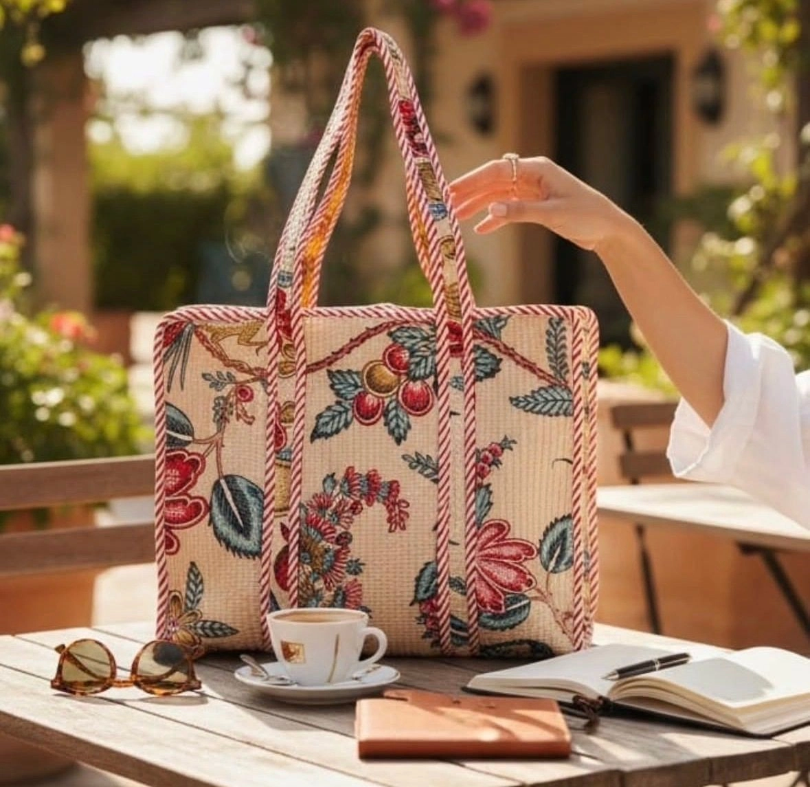 Jaipuri printed cotton tote bags with zip