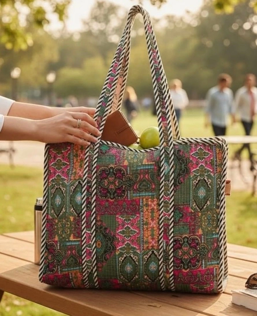 Elegant Jaipuri printed cotton tote bags with zip